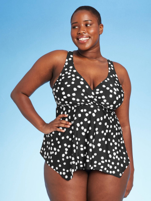 Women's Plus Size V-neck Sharkbite Dot Tankini Top - Kona Sol™ Black