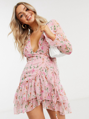 Asos Design Dobby Jacquard Mini Wrap Dress With Fluted Sleeves In Pink Floral Print