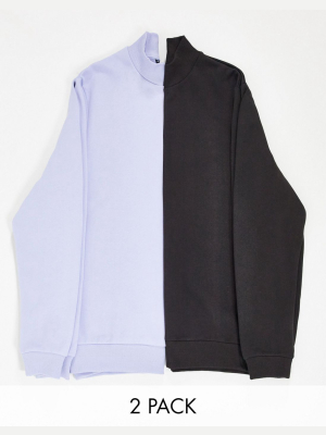 Asos Design Turtle Neck Sweatshirt 2 Pack In Lilac/black