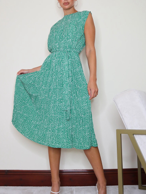 Green Dalmatian Print Pleated Sleeveless Midi...