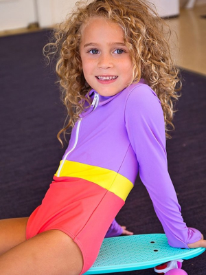 Mini Margherita  Color Block Collared Rashguard Bodysuit (kids) - Viola Purple/neon Yellow/hot Coral Pink