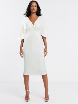 Asos Design Structured Cape Sleeve Shirt Midi Pencil Dress In White