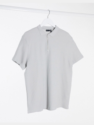 Asos Design Short Sleeve Polo In Waffle With Zip In Gray