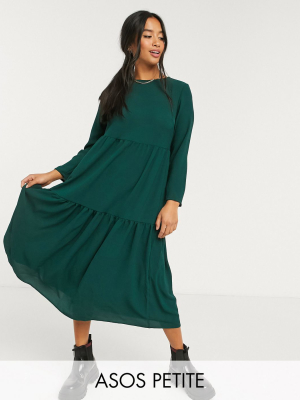 Asos Design Petite Long Sleeve Tiered Smock Midi Dress In Green