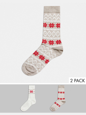 Jonathan Aston 2 Pack Christmas Fairisle Sock In Cream & Red