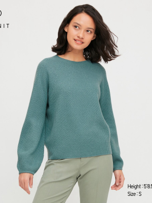 Women 3d Knit Lambswool-blend Crew Neck Volume Sweater