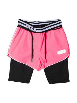 Gcds Kids Striped Logo Waistband Layered Shorts