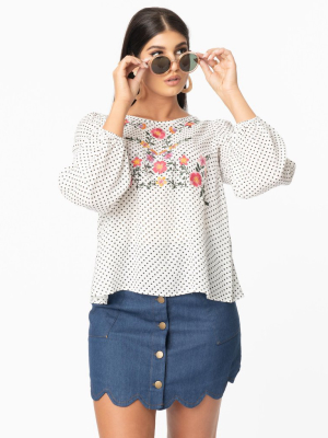 Ivory & Black Polka Dot & Pink Embroidered Floral Top