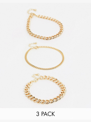 Asos Design Pack Of 3 Anklets In Mixed Size Curb Chains In Gold Tone