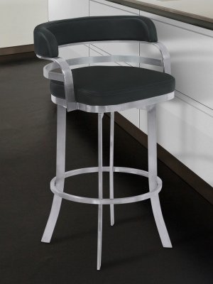 30" Prinz Bar Height Metal Swivel Barstool In Black Faux Leather With Brushed Stainless Steel Finish - Armen Living