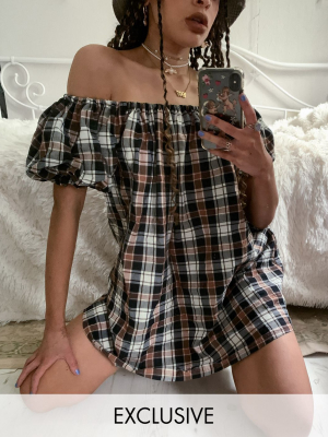 Collusion Off Shoulder Check Mini Dress In Brown