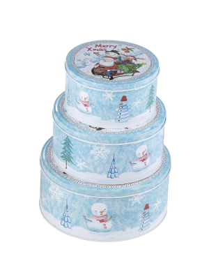 Juvale 3-piece Round Christmas Cookie Tin Set, Nesting Baking And Cake Tin With Lid, Light Blue/white, 3 Assorted Sizes