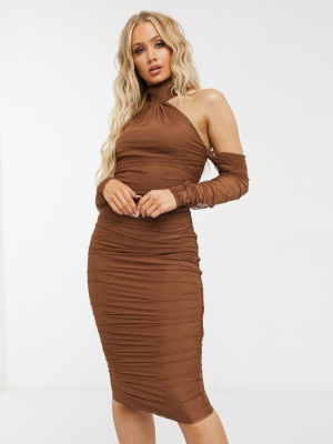 Asos Design Mesh Fallen Shoulder Halter Neck Midi Dress With Ruched Detail In Chocolate