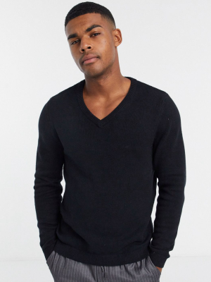 Asos Design Cotton V-neck Sweater In Black