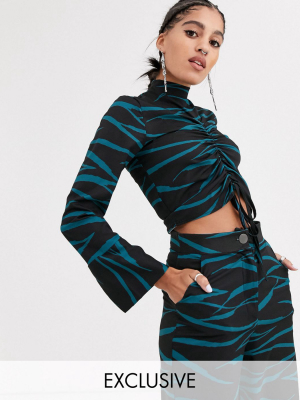 Another Reason High Neck Crop Top With Front Rouching In Teal Zebra Two-piece