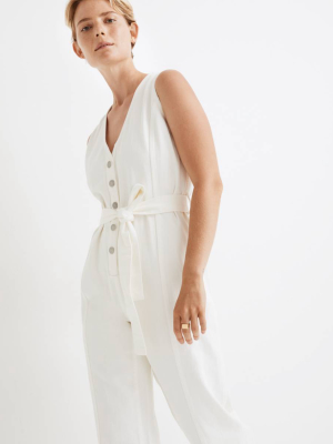 Denim Sleeveless Tie-waist Jumpsuit In Tile White