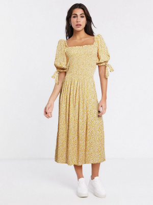 Asos Design Shirred Maxi Dress In Mustard Ditsy Floral Print