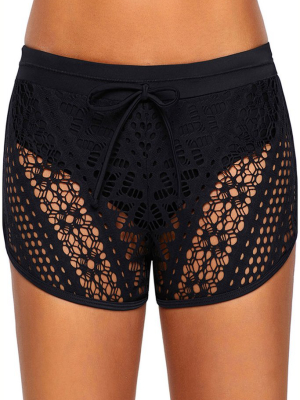 Tied Front Hollow Out Lace Overlay Boyshort Bikini Bottom