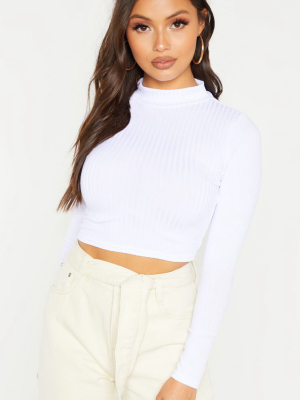 Petite White High Neck Ribbed Long Sleeve Crop Top