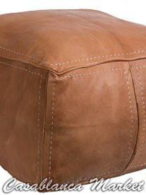 Moroccan Contemporary Leather Pouf, Tan