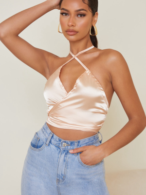 Nude Satin Cross Tie Detail Crop Top