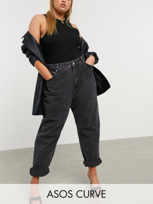 Asos Design Curve High Rise 'slouchy' Mom Jeans In Washed Black