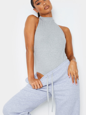 Grey Structured Rib Halter Tie Backless Bodysuit