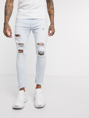 Bershka Join Life Super Skinny Jeans With Rips In Light Blue