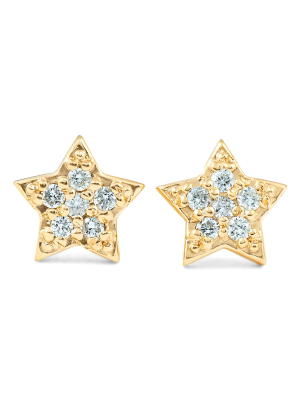 Pompeii3 14k Yellow Gold Diamond Pave Petite Star Studs Dainty High Polished 6.5mm