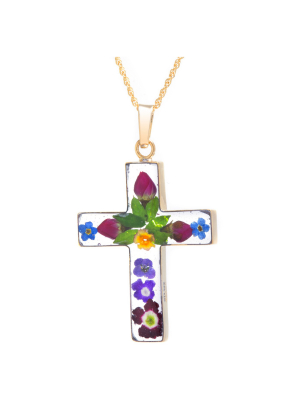 Women's Gold Over Sterling Silver Pressed Flowers Cross Pendant (18")