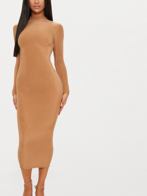 Camel Second Skin Slinky High Neck Midaxi Dress