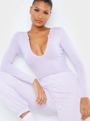 Lilac Basic Plunge Long Sleeve Bodysuit