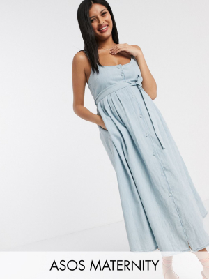 Asos Design Maternity Soft Denim Midi Dress In Midwash Blue