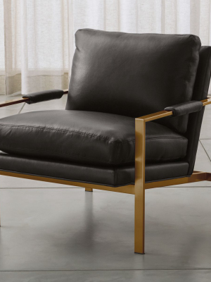 Milo Baughman ® Leather Chair With Brushed Brass Base