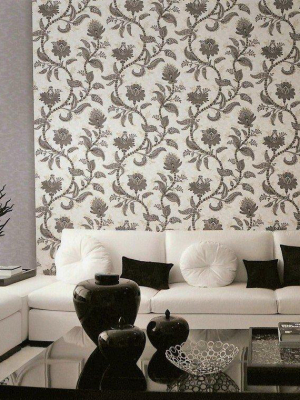Larina Floral Textured Wallpaper In Black And Metallic Pearl By Bd Wall