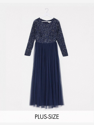 Maya Plus Bridesmaid Long Sleeve Maxi Tulle Dress With Tonal Delicate Sequins In Navy