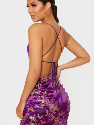 Purple Jacquard Floral Strappy Back Ruched...