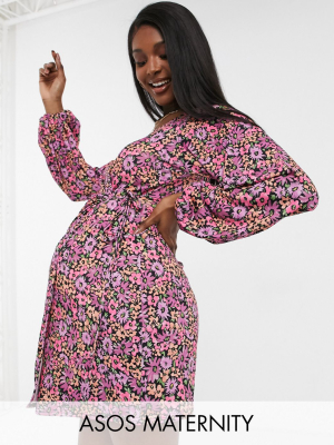 Asos Design Maternity Long Sleeve Wrap Midi Dress In Pink Floral Print