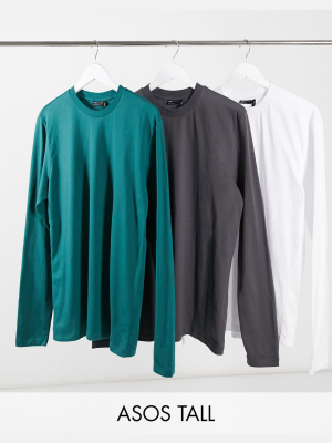 Asos Design Tall 3 Pack Long Sleeve T-shirt With Crew Neck