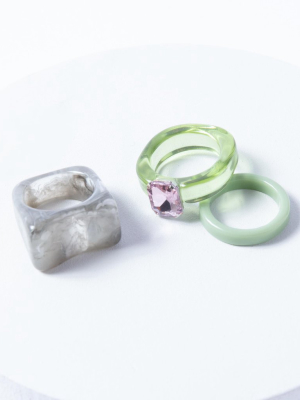 Grey & Green Resin Rhinestone Three Ring Set