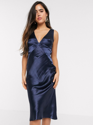 Asos Design Paneled Satin Midi Dress With Cowl Back In Navy