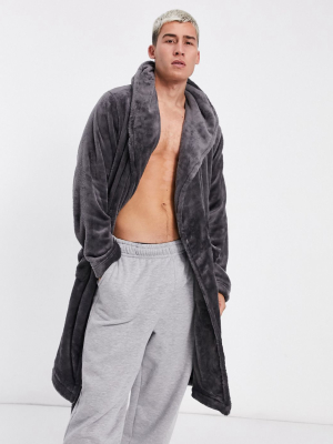 Asos Design Lounge Dressing Gown In Charcoal Fleece