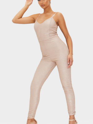 Gold Clear Strap Glitter Plunge Jumpsuit