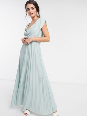 Asos Design Cowl Neck Maxi Pleated Dress In Light Sage