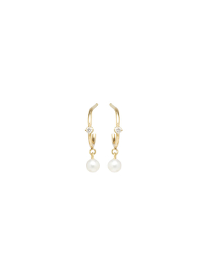 14k Pearl Dangle & Prong Diamond Thin Huggie Hoops