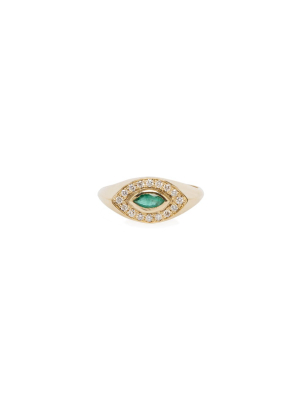 14k Pave Diamond And Marquise Emerald Signet Ring