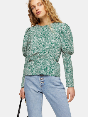 Green Micro Animal Print Drama Sleeve Blouse