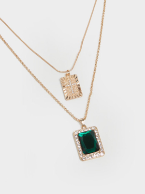 Gold Cross And Green Gemstone Pendent Layering...