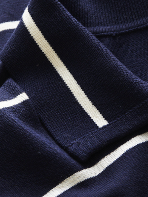 Long Sleeve Silk/cotton Stripe Sweater Polo In Navy