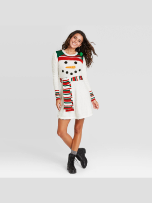 Women's Ugly Holiday Snowman Long Sleeve Graphic Dress - White